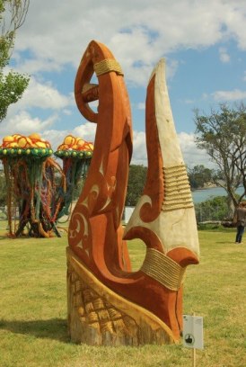 Artist, Joe Kemp's sculptural piece 'Matau A Maui'.Photo by Howard Williams.